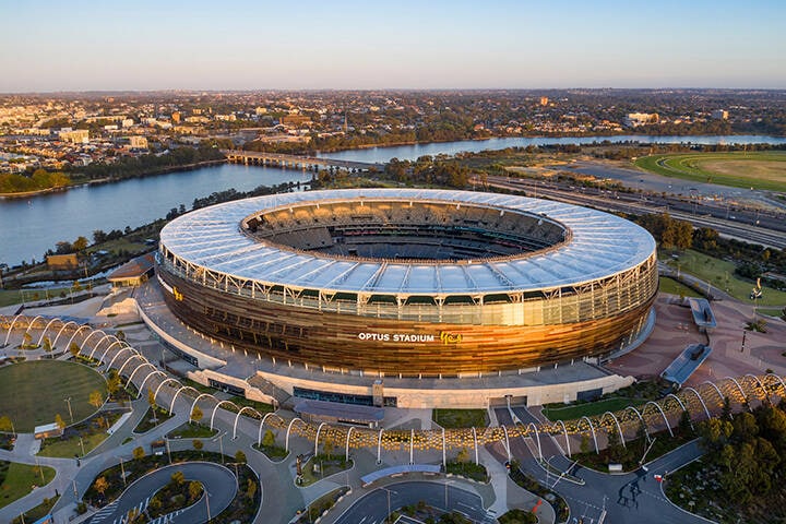 Aerial view of the Optus stadium at dawn in Perth, Western Australia